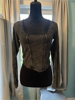 Divided Washed Black Long Sleeve Scoop-Neck Top